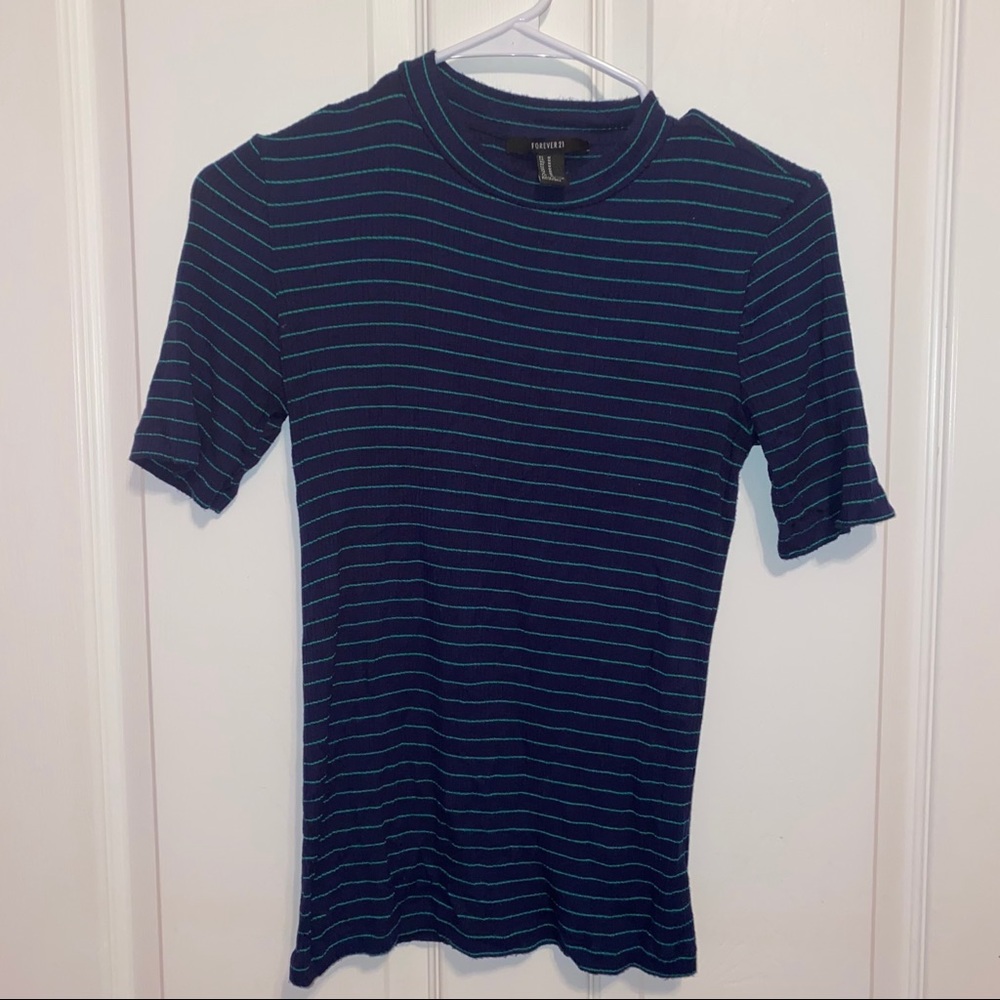 Forever 21 Navy Blue and Green Striped Mockneck